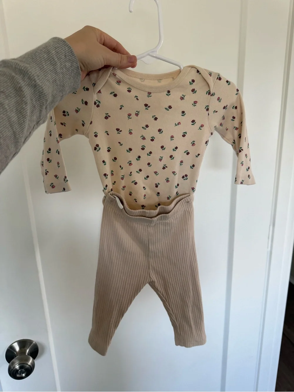 H&M 6 month outfit Soft Floral Long-Sleeve One-Piece with Ribbed Pants - Pink